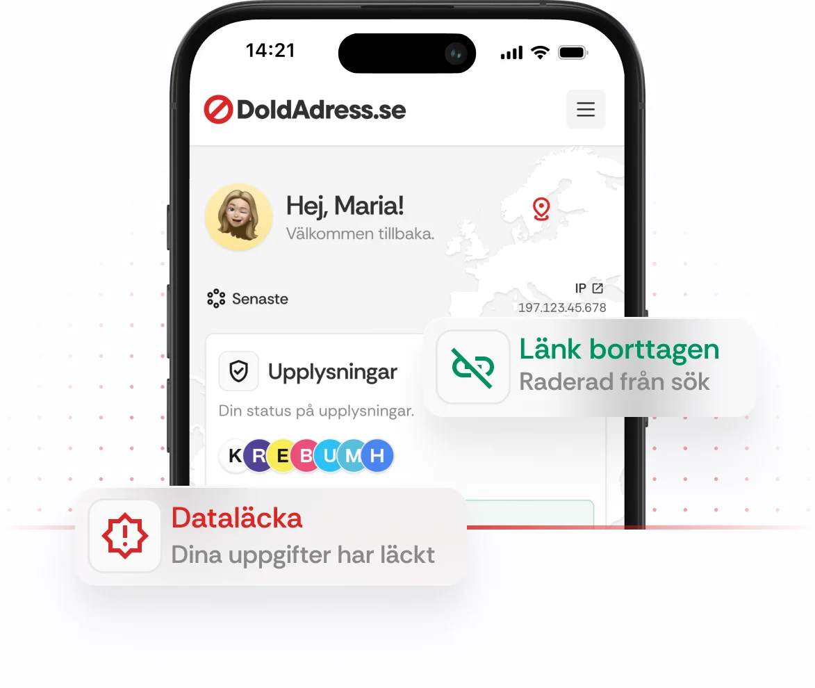 Doldadress.se mobil vy – Översikt av upplysningar, IP-adress, borttagna länkar och varningar om dataläckor för personlig integritet online.