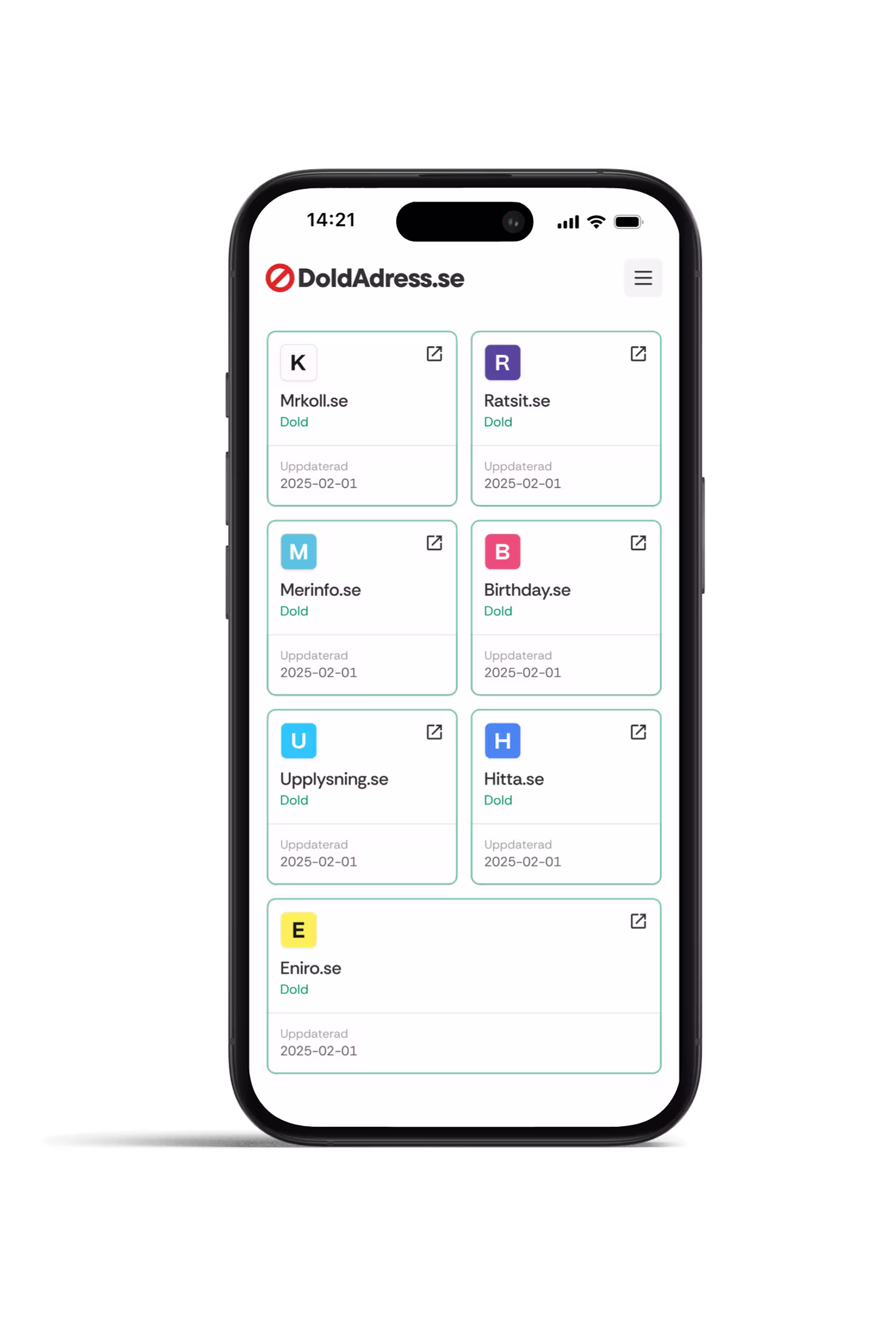 Mobilskärm med DoldAdress.se som visar att personuppgifter är dolda på sajter som Mrkoll.se, Ratsit.se, Merinfo.se, Birthday.se, Upplysning.se, Hitta.se och Eniro.se.