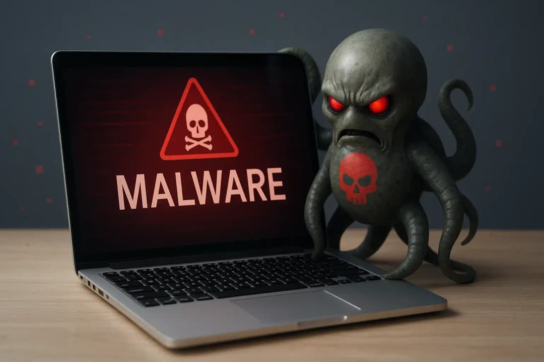 Dator infekterad av skadlig kod med varningsmeddelande på skärmen och en realistisk, tentakelformad virusvarelse med glödande röda ögon – konceptbild av malwareattack mot dator i hemmiljö.