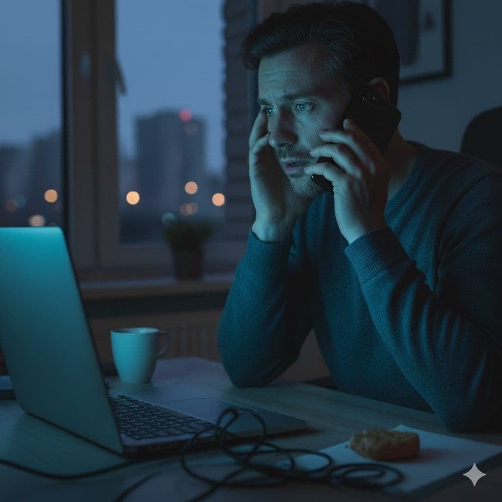 En man sitter vid en dator i ett mörkt rum, med telefonen mot örat. Hans ansiktsuttryck är allvarligt och bekymrat, vilket antyder ett telefonsamtal av potentiellt bedräglig natur, som vishing. Bakgrunden visar ett fönster med stadsbelysning i skymningen.