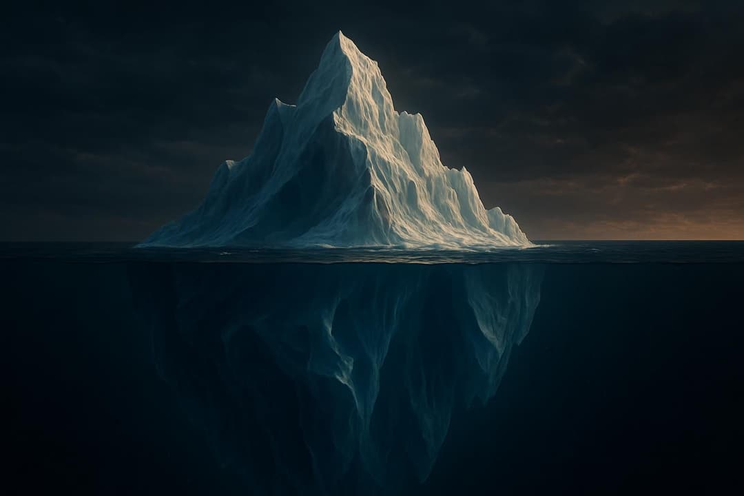 illustration av ett massivt isberg som visar den lilla synliga toppen ovanför ytan och den enorma dolda delen under vattnet, symbol för djupare lager av internet såsom ytwebb, deep web och dark web