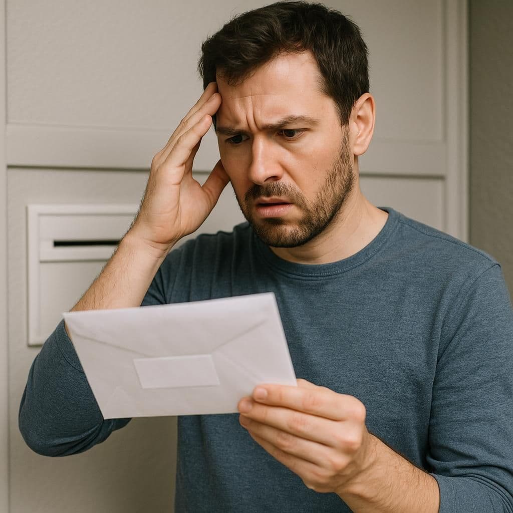 Man ser oroad ut när han håller i ett brev vid sin brevlåda, illustration av problem med fel post eller oväntade fakturor