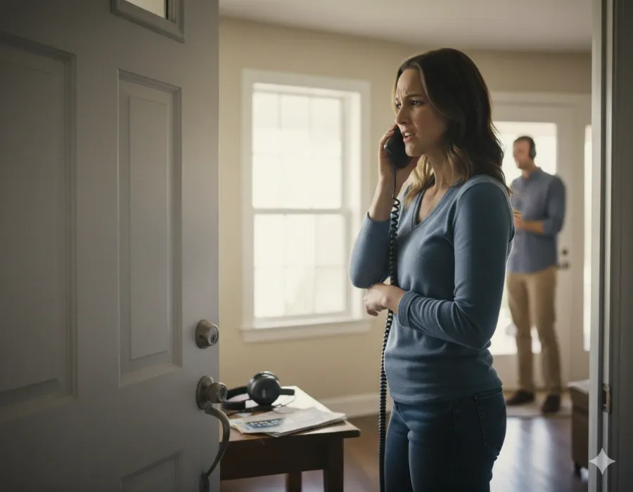 En kvinna står i en hall och pratar i en telefonlur, hon ser irriterad ut. I bakgrunden syns en man som står längre in i rummet.