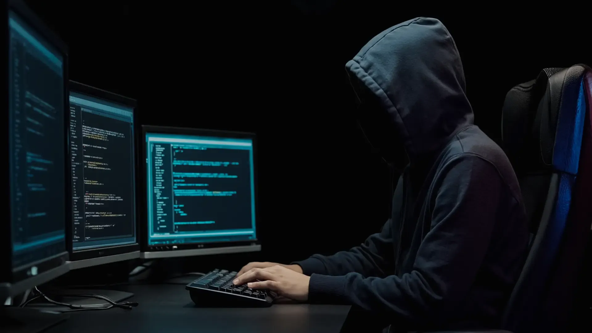 Person i mörk hoodie framför flera datorskärmar med kod – symboliserar hackeraktivitet, cyberbrott och ID-kapning i digital miljö.