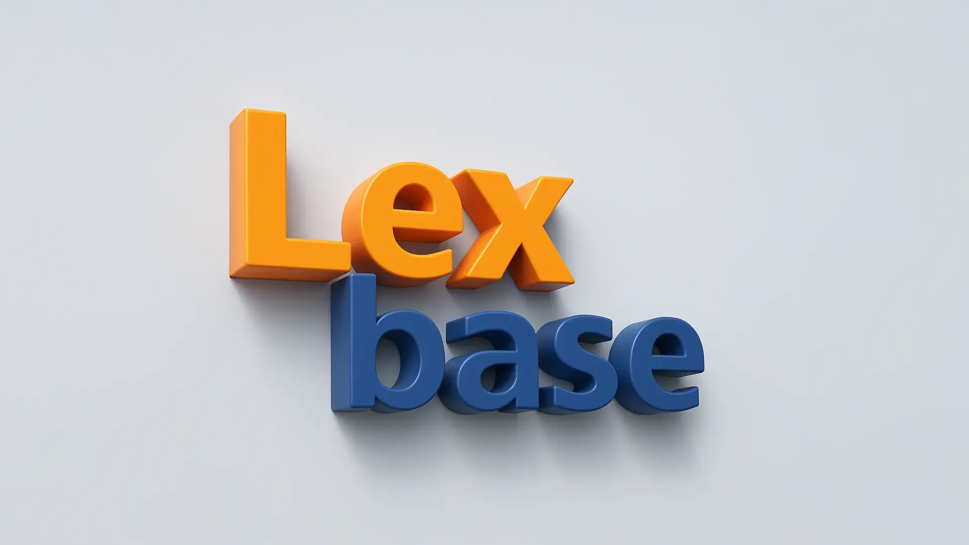 3D-renderad Lexbase-logotyp med orange text för 'Lex' och blå text för 'base' på ljus bakgrund, modern och professionell design.