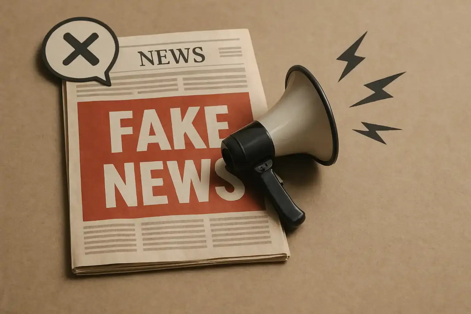 Hyperrealistisk bild av en tidning med rubriken FAKE NEWS och en megafon som symboliserar spridning av misinformation och falska nyheter online.
