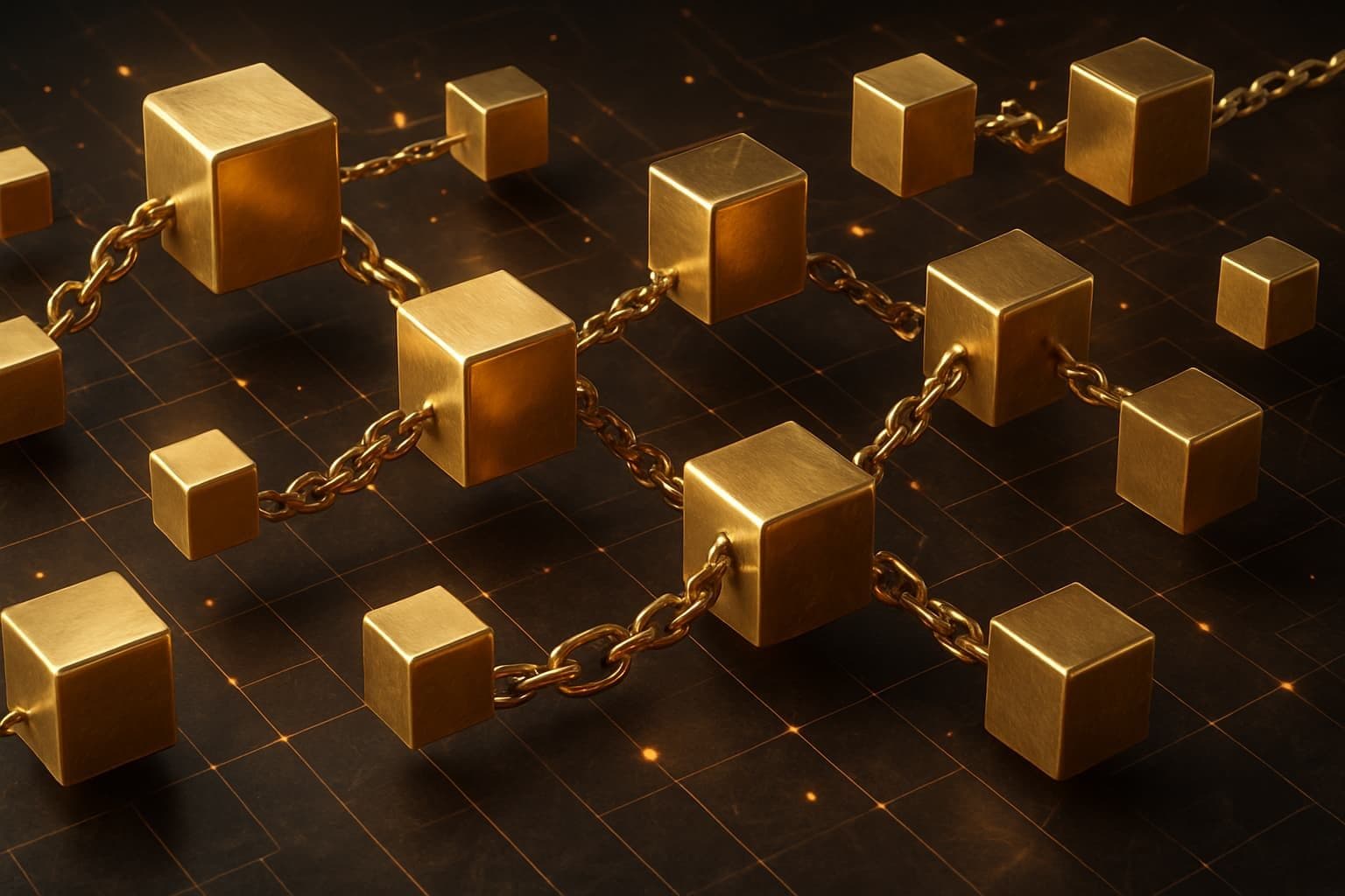 Hyperrealistisk 3D-visualisering av blockchain-nätverk med gyllene kuber och kedjor på mörk bakgrund, symbol för digitala transaktioner och kryptovalutor.