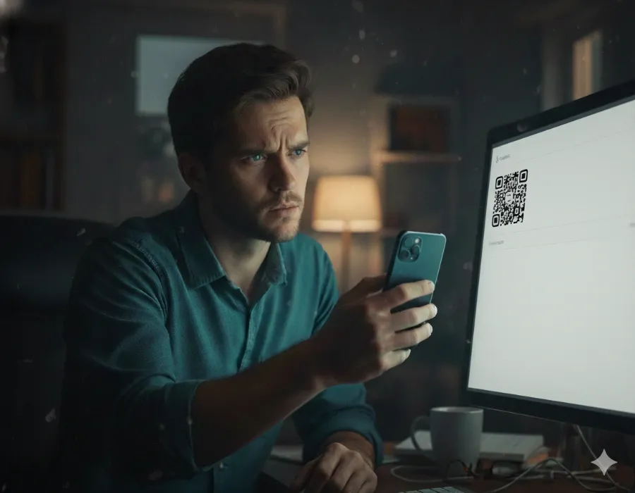 En man sitter framför en datorskärm med en QR-kod i ett e-postmeddelande. Han tittar fundersamt på sin mobiltelefon som om han ska skanna koden.