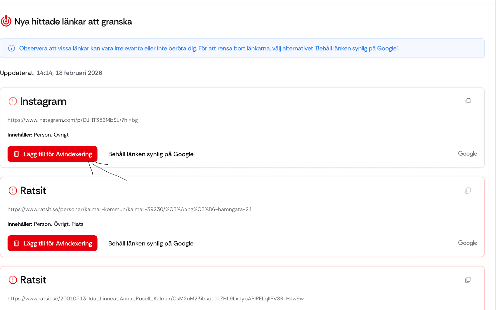 Exempel på Google-avindexering via Mina sidor