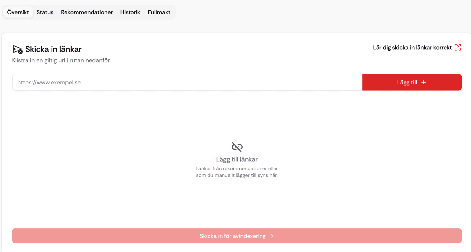 Exempel på manuell tilläggning av länkar för avindexering