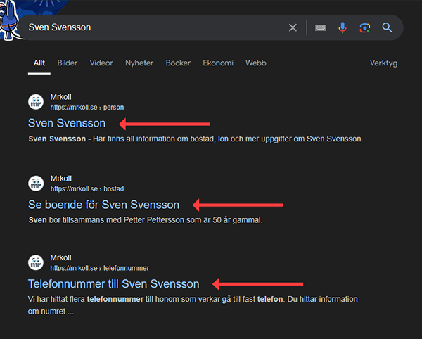 Google-sökresultat med flera länkar till Mrkoll som visar uppgifter om boende och telefonnummer för Sven Svensson.