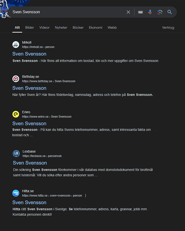 Sökresultat på Google som visar personuppgifter om 'Sven Svensson' från sajter som Mrkoll, Birthday, Eniro, Lexbase och Hitta.