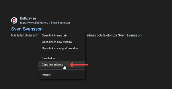Högerklicksmeny i webbläsaren där alternativet 'Copy link address' är markerat för att kopiera en sökresultatlänk från Birthday.se.