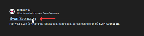 Närbild av muspekare som hovrar över länken 'Sven Svensson' på Birthday.se i ett Google-sökresultat.