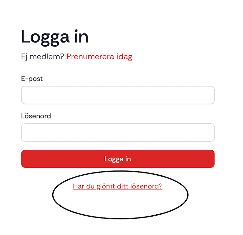 Formulär där användaren fyller i sin e-postadress för att återställa lösenordet.