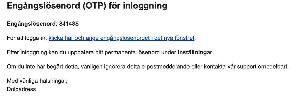Exempel på mejl från DoldAdress med en 6-siffrig inloggningskod.
