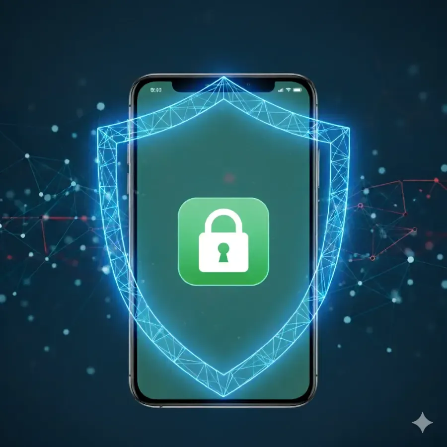 n smartphone med en ljusblå, digital sköld runt skärmen, som symboliserar säkerhet. På telefonens skärm syns ett grönt kvadratiskt ikon med ett vitt hänglås i mitten, vilket representerar låsning och skydd. Bakgrunden är mörkblå med suddiga röda och ljusblå nätverkslinjer som antyder digital kommunikation och dataskydd.