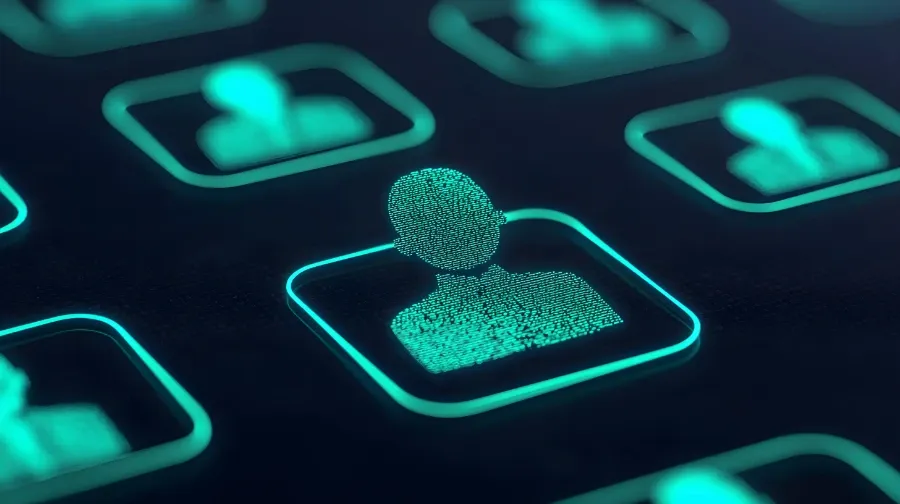 Illustration av digitala användarprofiler i ett nätverk, som symboliserar personuppgifter, identitet och datasäkerhet.