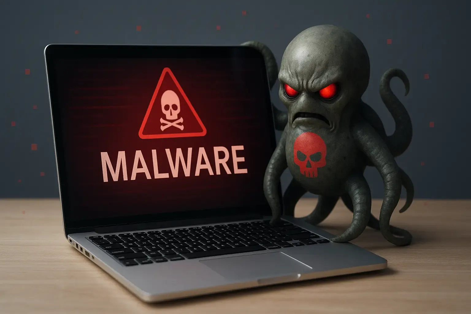 Dator infekterad av skadlig kod med varningsmeddelande på skärmen och en realistisk, tentakelformad virusvarelse med glödande röda ögon – konceptbild av malwareattack mot dator i hemmiljö.