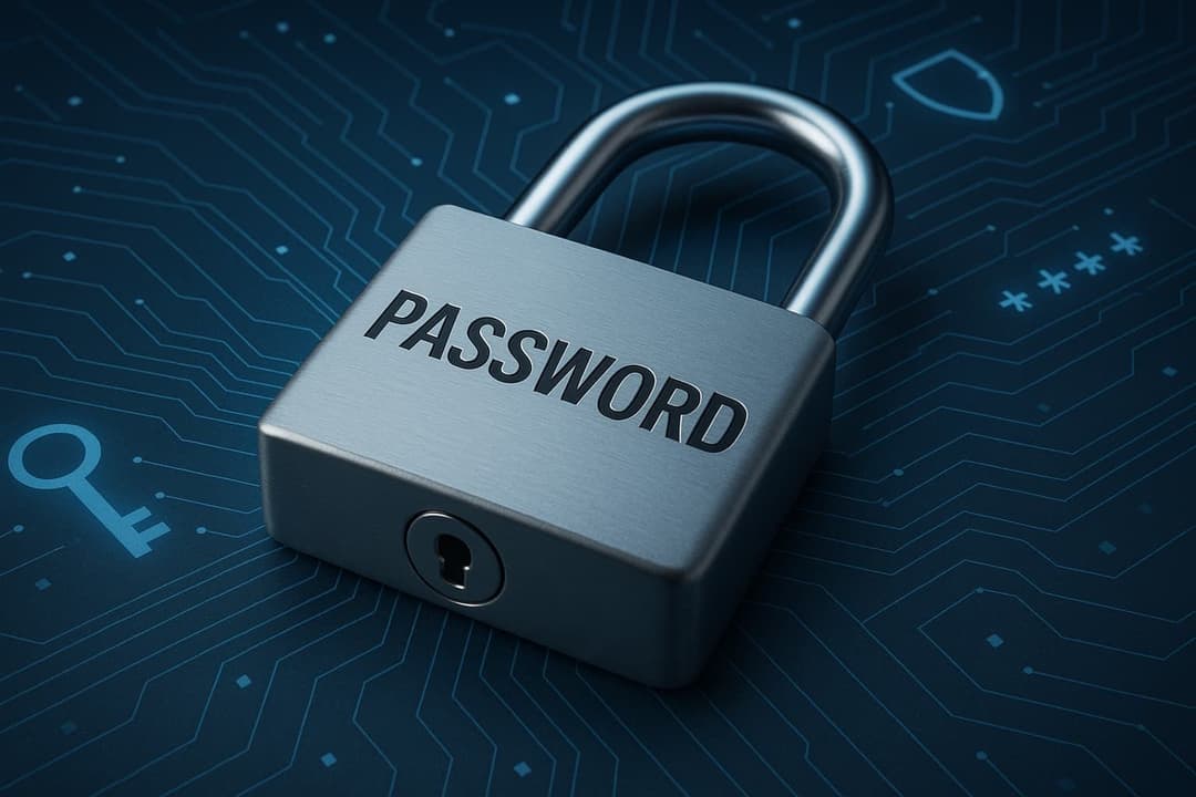 3D-illustration av hänglås med ordet 'Password' på metallisk yta, liggande på blå bakgrund med digitala kretsmönster – symbol för starkt lösenord och cybersäkerhet