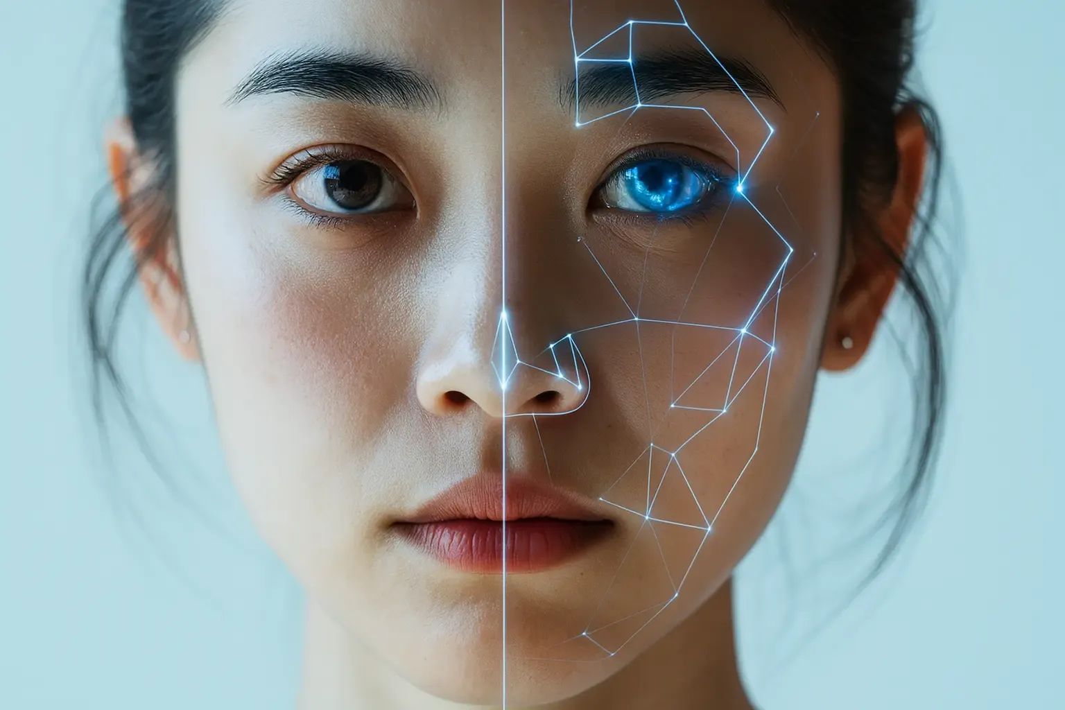 Närbild på ung kvinna med digitala ansiktsigenkänningslinjer och blått teknologiskt mönster på ena ansiktshalvan, symboliserar AI och biometrisk identifiering