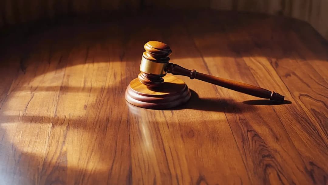 Domarklubba i trä på ett blankt träbord – symboliserar svensk rättspraxis och offentlighetsprincipens juridiska innebörd.