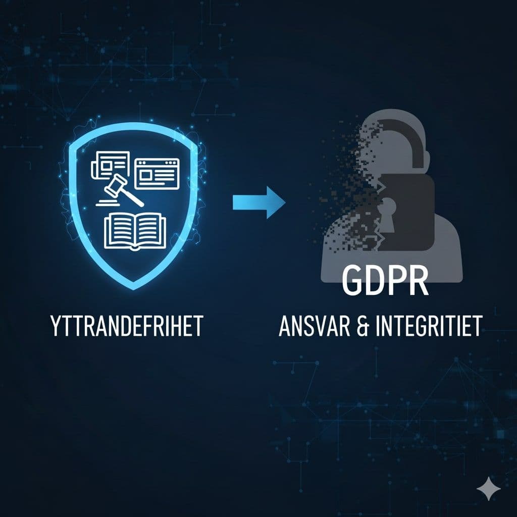 En stiliserad bild som representerar yttrandefrihet och dess förhållande till ansvar och integritet. Till vänster visas en glödande blå sköld med ikoner för en tidning, en domarklubba och en bok, under texten 'YTTRANDEFRIHET'. En pil pekar mot höger där en grå, delvis upplöst figur med ett hänglås framför sig står, tillsammans med texten 'GDPR ANSVAR & INTEGRITET'. Bakgrunden är mörkblå med ett diskret digitalt nätverksmönster.
