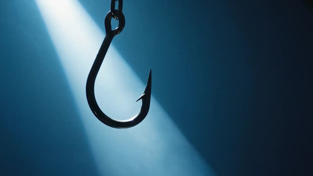 Fiskekrok i spotlight – symbol för phishing, nätfiske och digitala bedrägerier på internet.