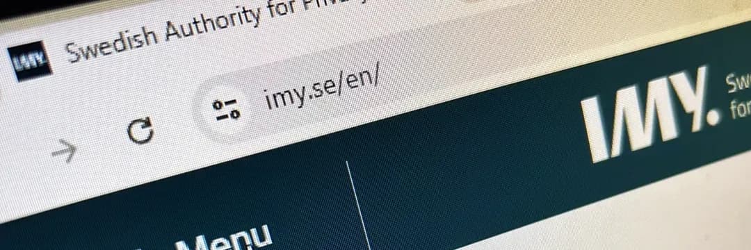 Närbild av webbläsarfönster som visar Integritetsskyddsmyndighetens (IMY) hemsida – representerar myndighetens roll i dataskydd och integritet.
